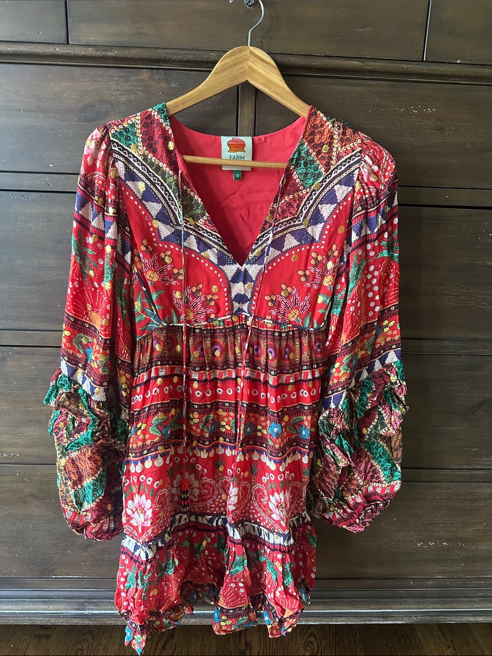 FARM Rio Red Floral Patchwork Long-Sleeve Dress